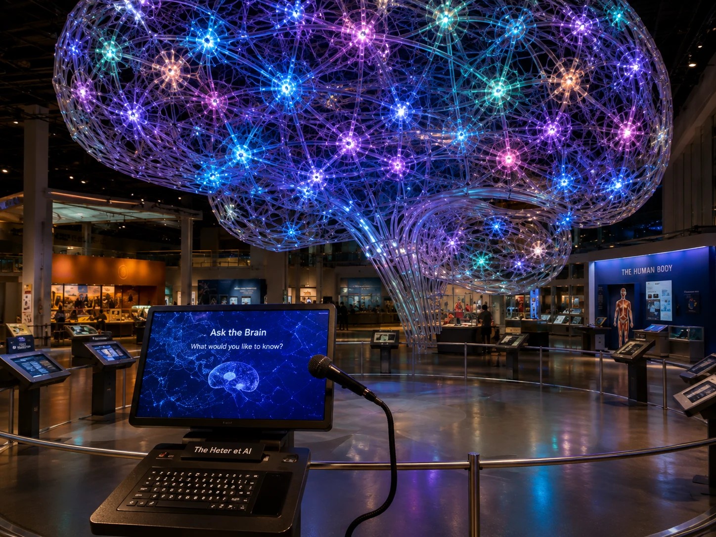Concept rendering of the Ask the Living Mind visitor station beneath the glowing physical brain