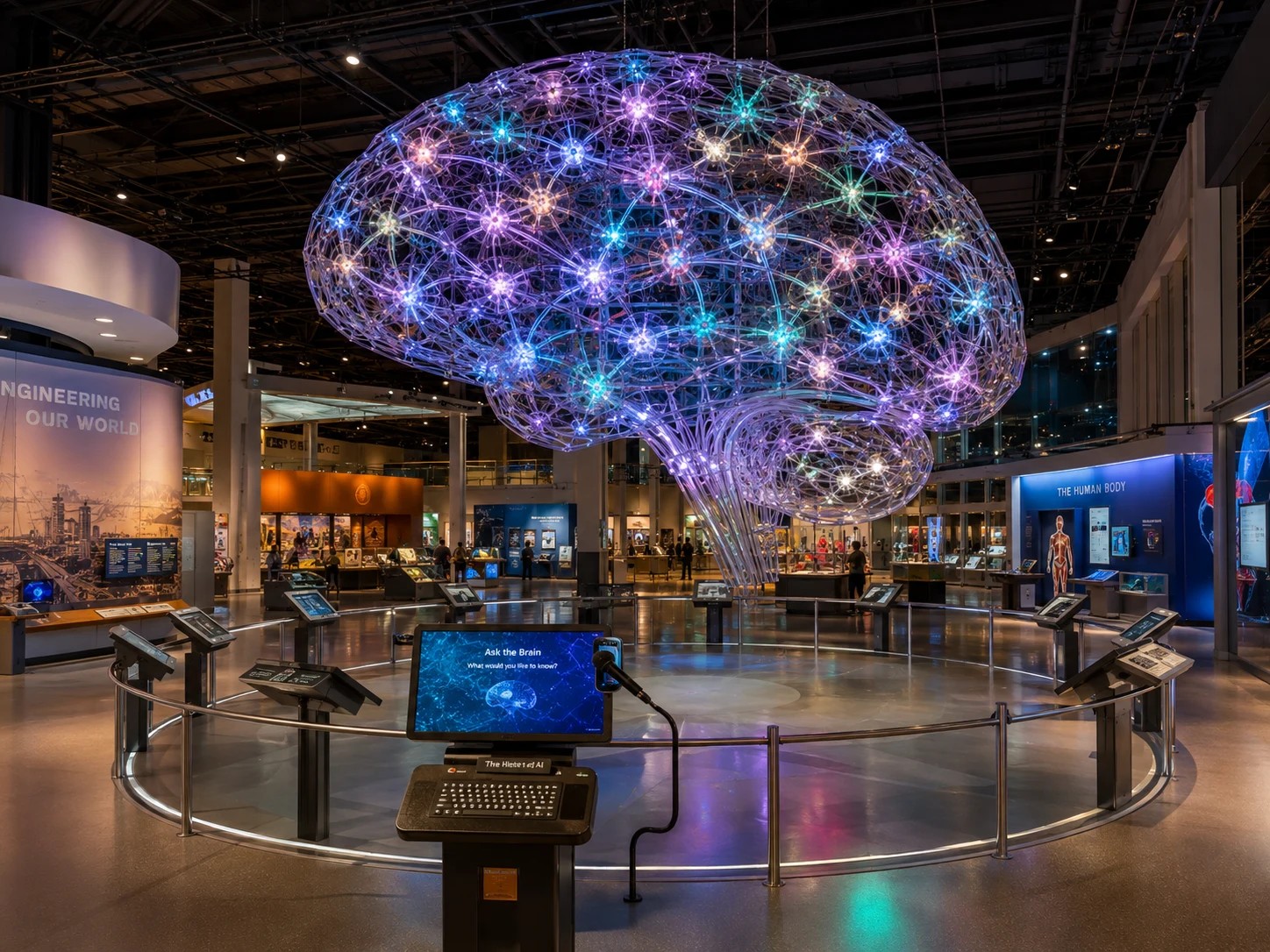 Concept rendering of The Living Mind suspended above an interactive science museum exhibit